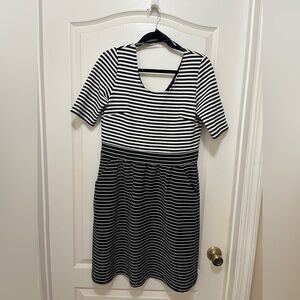Nina Leonard Black and White Striped Midi Dress